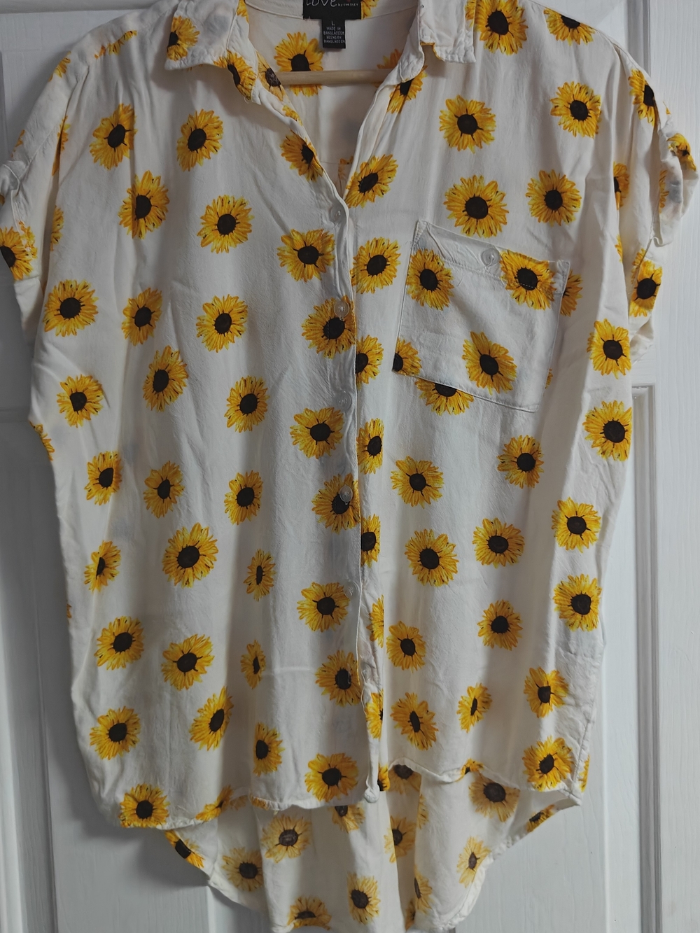 Sunflower-Print White High Low Button-Down Shirt